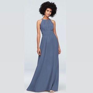 David’s Bridal Steel Blue High-Neck Chiffon Bridesmaid Dress with Keyhole